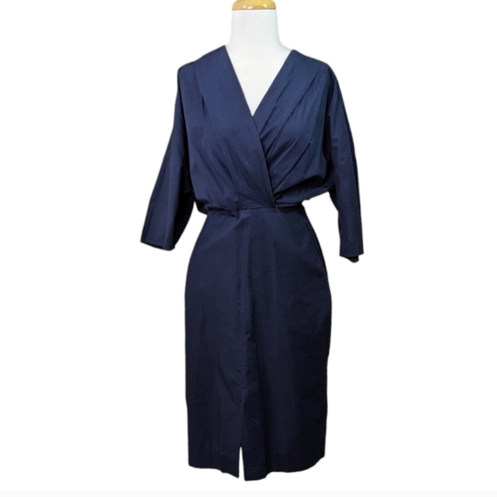 Apiece Apart Faux Wrap Dress 8 Blue Pockets V Neck Front Back Slit Half Sleeve